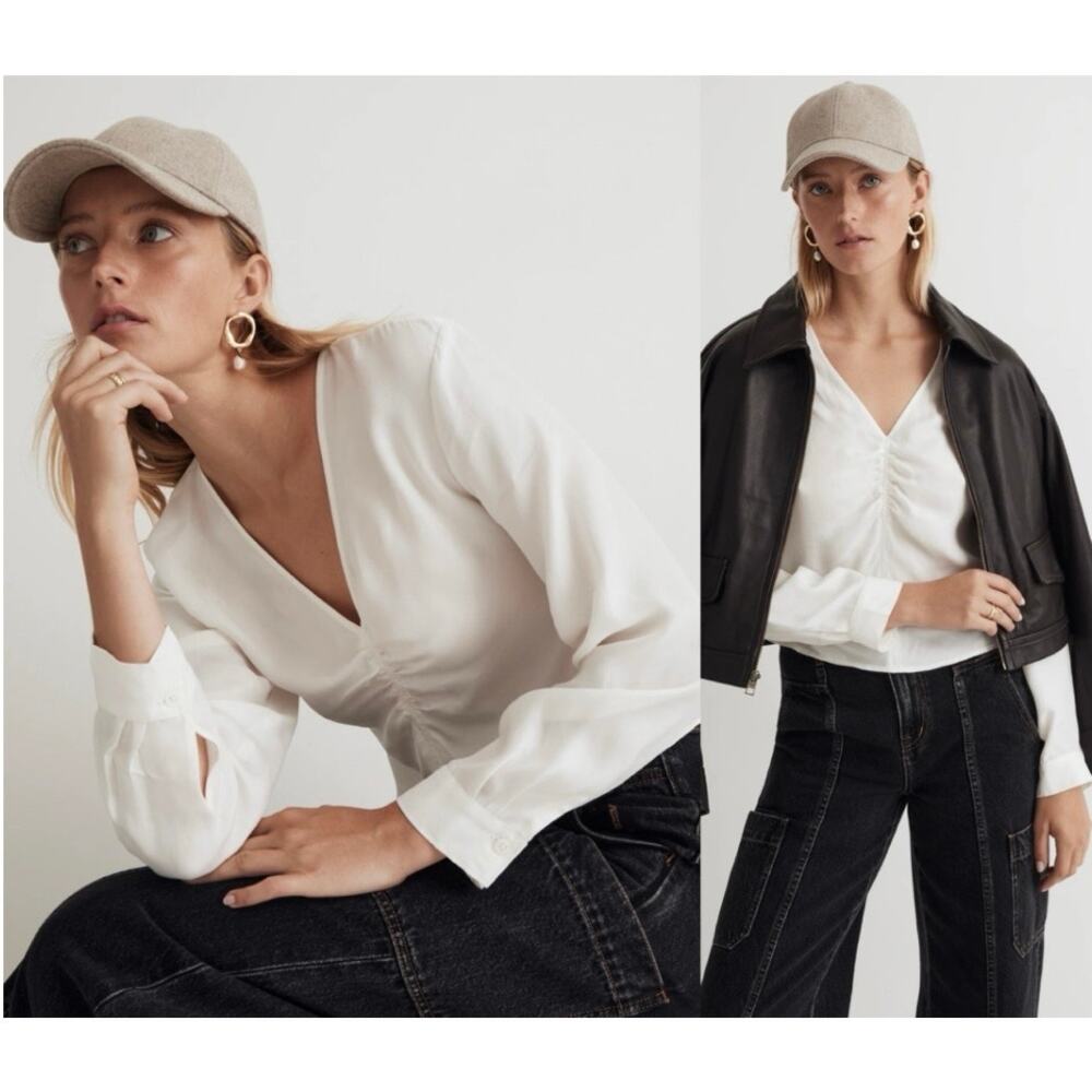 Madewell White V-Neck Ruched Front Blouse